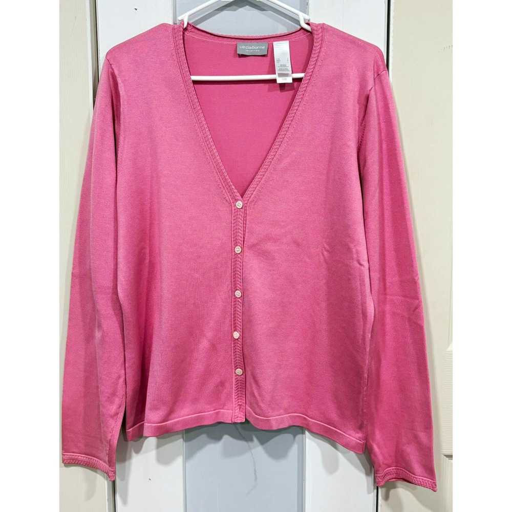 Liz Claiborne Collection Women's L Pink Fine-Knit V-Neck Button Cardigan Sweater